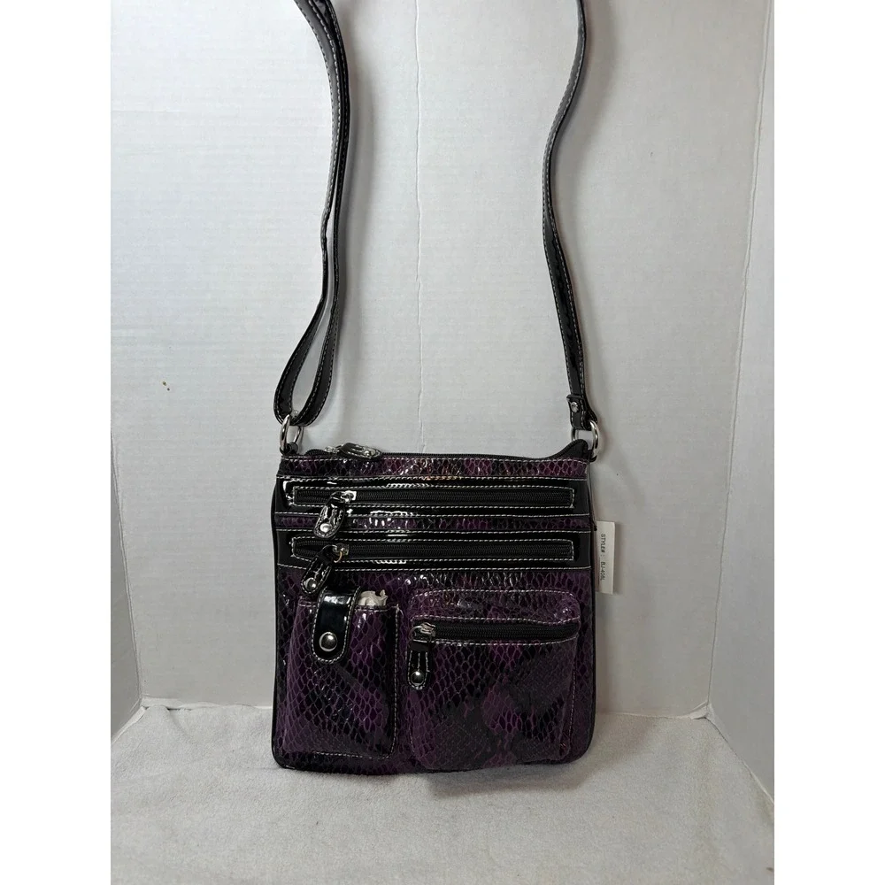 Y2K NEW Unbranded‎ Crossbody Bag Small Purple Snakeskin Patent Multi-Pocket
